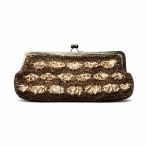 Betsey Johnson Vintage Gold Satin Beaded Clutch‎ with Kisslock Romance Whimsy